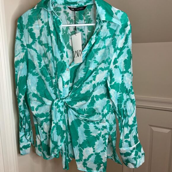 Zara green and white tie dye print tie wrap blouse - Picture 3 of 5